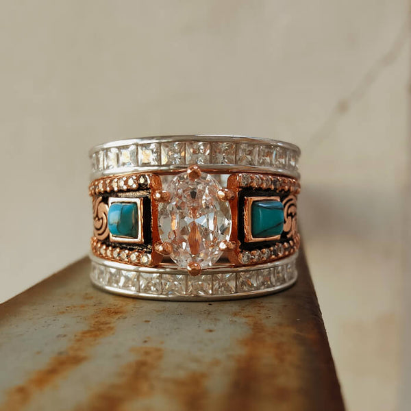 3pc Rose Gold Oval Cut Wide Band Turquoise Western Style Rings