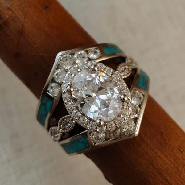 3pc Sterling Silver Diamond Vintage Turquoise Promise Ring