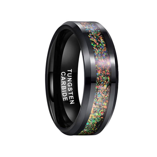 8mm Tungsten Black Colorful Fragments Opal Men's Band Ring