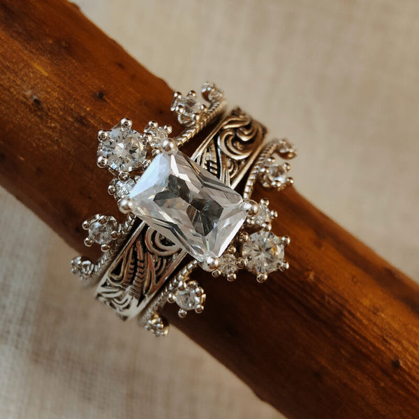 3pc Silver Emerald Vintage Engagement Ring Set
