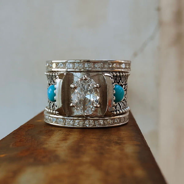 3pc Retro Oval Cut Western Flower Turquoise Wedding Ring