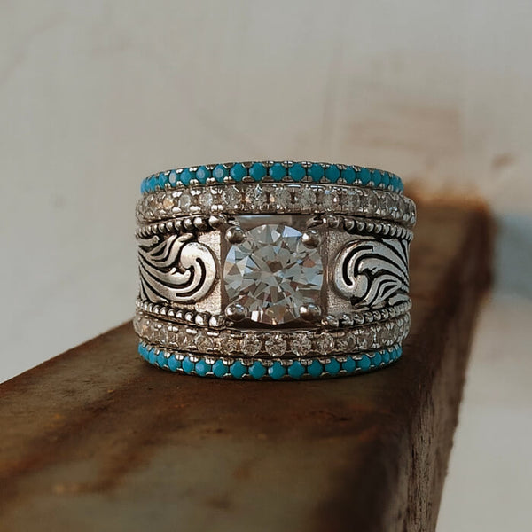 5pc Round Diamond Vintage Turquoise Western Wedding Sets