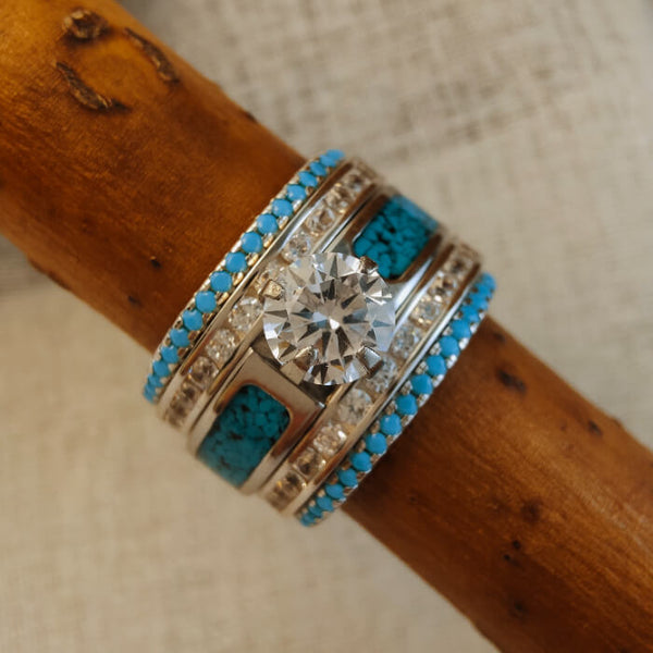 5pc Sterling Silver Round Moissanite Vintage Crush Turquoise Wedding Ring Set