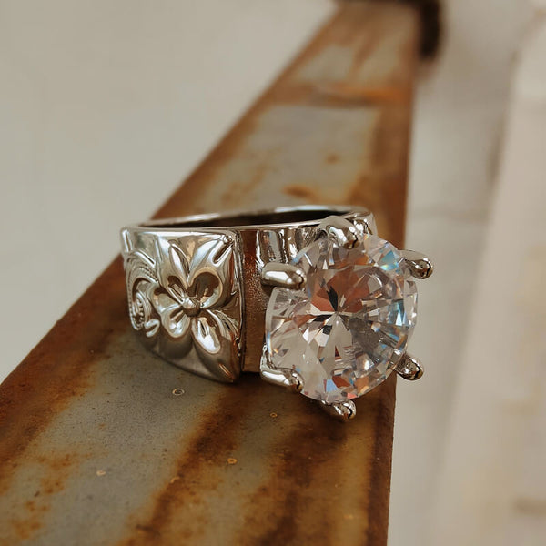 Women Western Flower Engraved Wide Band Diamond Ring