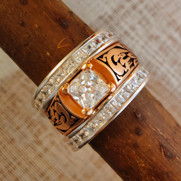 3pc Princess Cut Vintage Rose Gold Western Wedding Bands