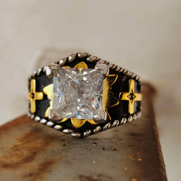 Western Cross Engraved Ring – Vintage Gold Silver Band for Women