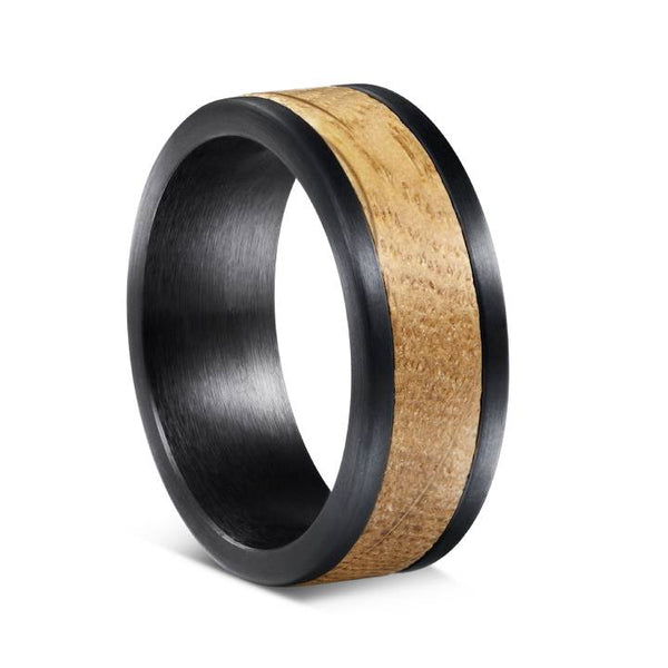 Mens Tungsten White Oak Stripe Black Wood Band Ring