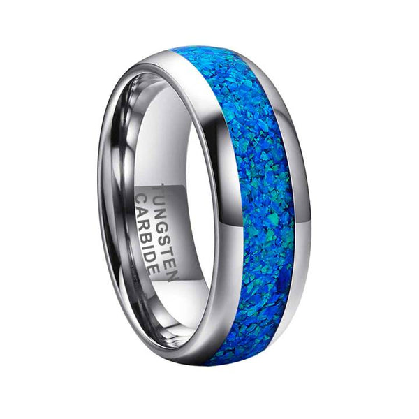 8mm Tungsten 3A Blue Opal Inlay Men's Band Ring