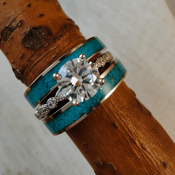 3pc Sterling Silver Round Moissanite Turquoise Engagement Ring
