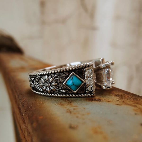 Western Diamond Sunflower Engraved Square Turquoise Engagement Rings