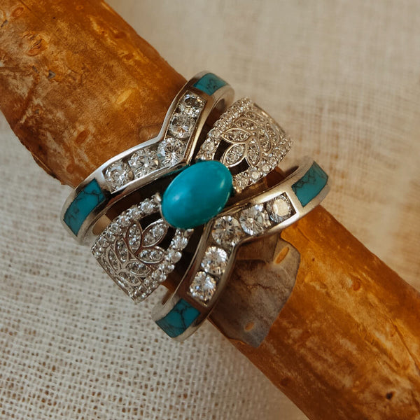 Sterling Silver Retro Leaf Turquoise Band Ring Set