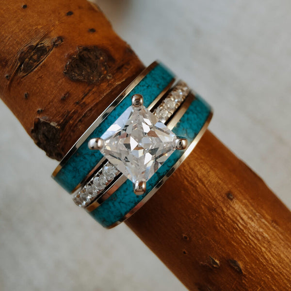3pc Sterling Silver Square Moissanite Turquoise Engagement Ring Set