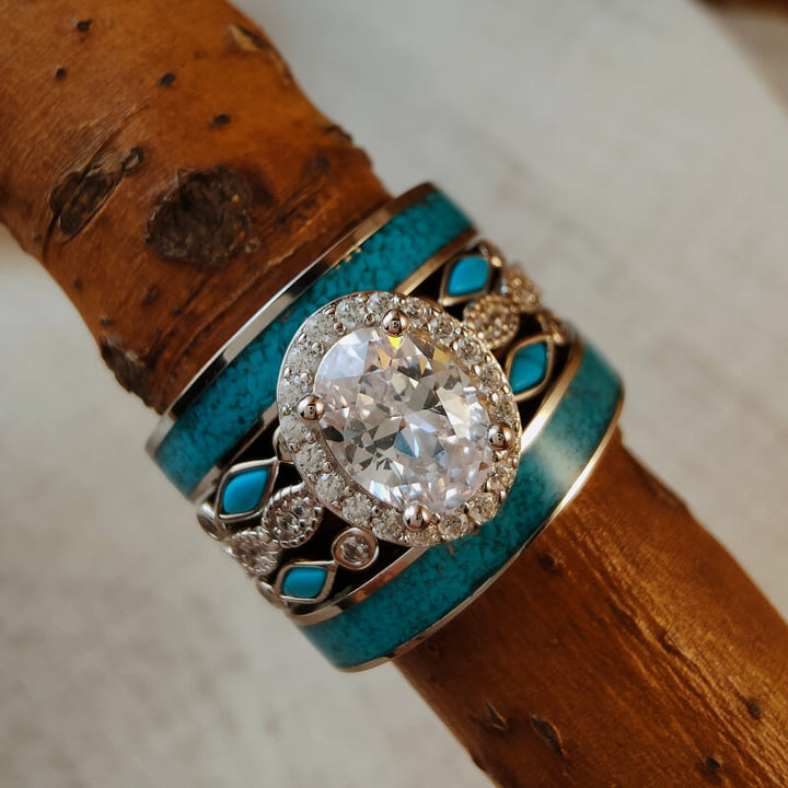 5pc sterling silver wedding ring set with oval moissanite and turquoise bands