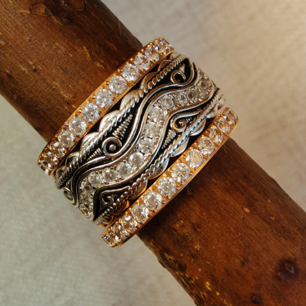 3pc Rose Gold Rustic Diamond Inlay Engravable Western Wedding Bands