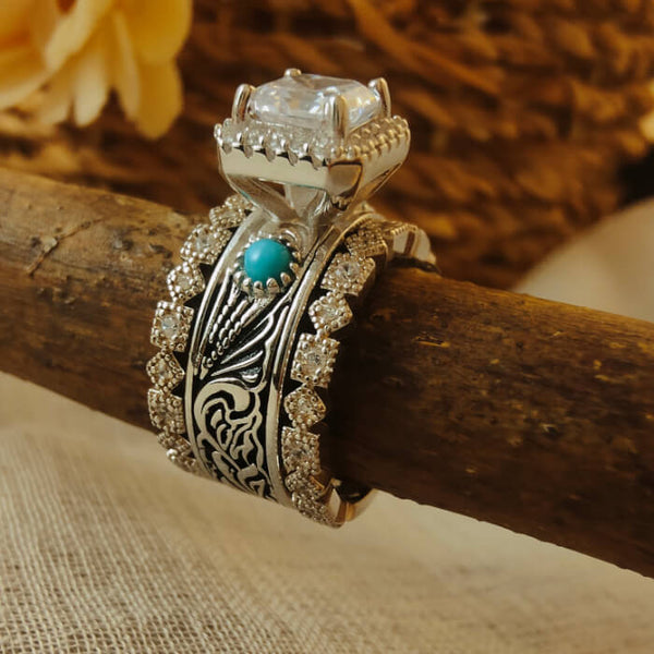 3pc Radiant Cut Diamond Vintage Western Turquoise Rings