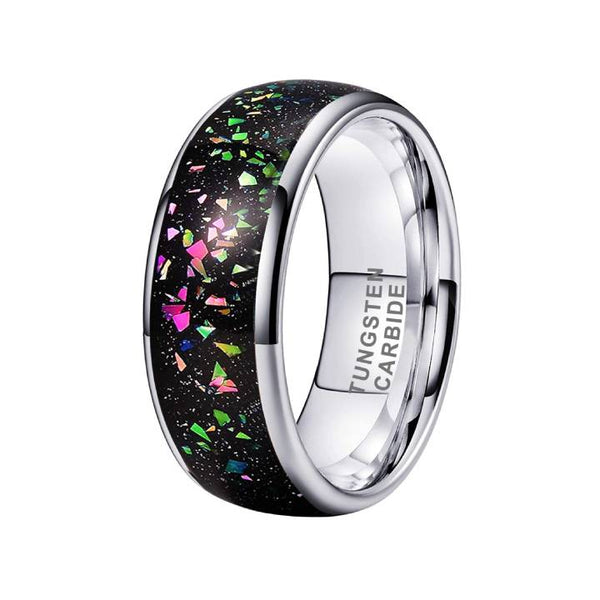 8mm Tungsten Black Colorful Opal Men's Band Ring