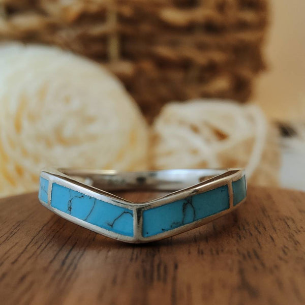 One Piece Turquoise Inlay V Shape Band Ring