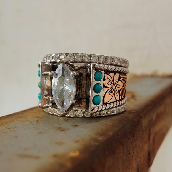 3pc Western Retro Flower Engraved Diamond Ring Sets with Slide Turquoise