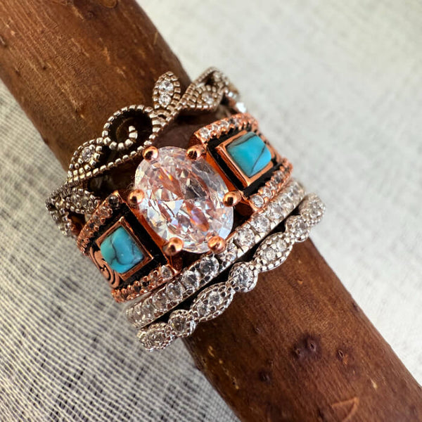 4pc Rose Gold Vintage Turquoise Wide Band Engagement Rings