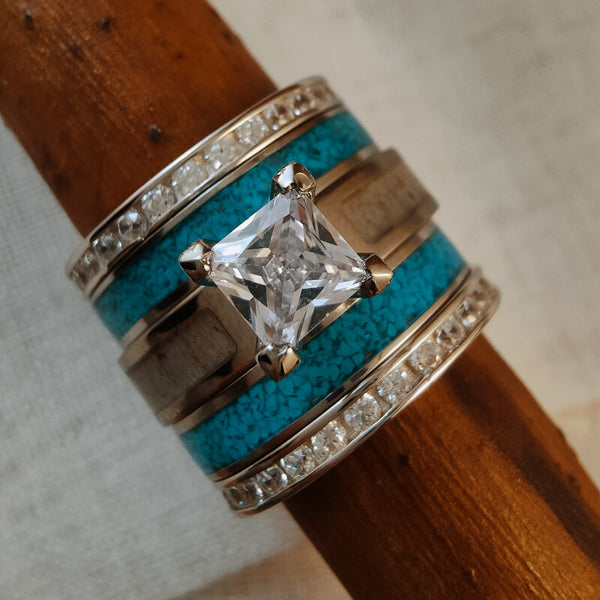 5pc Sterling Silver Moissanite Antler Turquoise Engagement Ring Set