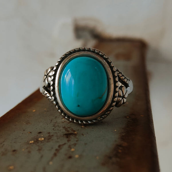 Slide Flower Engraved Oval Turquoise Rings for Women