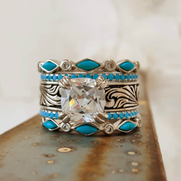 5pc Flower Western Vintage Turquoise Wedding Rings