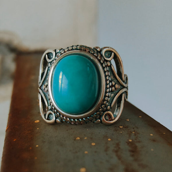 Western Flower Engraved Oval Turquoise Rings for Women