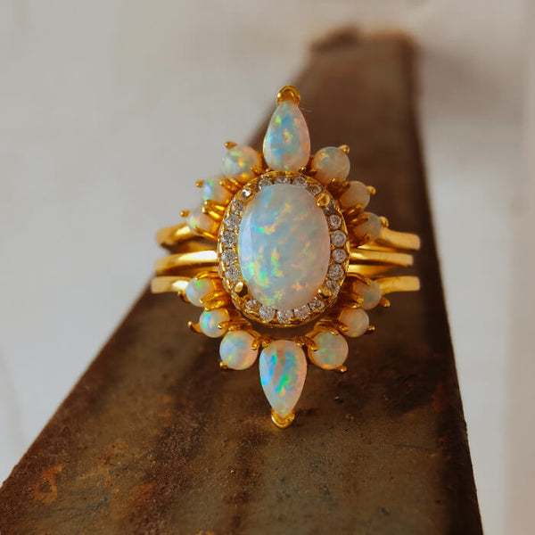 3pc Sterling Silver 18k Gold Oval White Opal and Diamond Ring