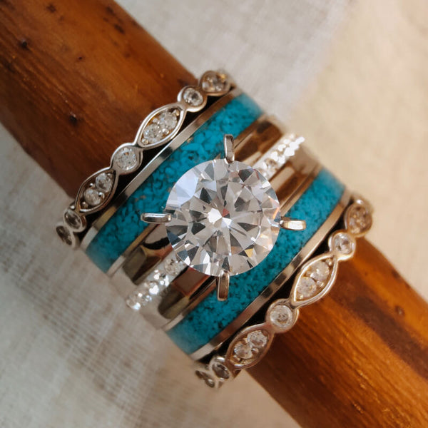 3pc Women Vintage Steel Turquoise Diamond Ring Set