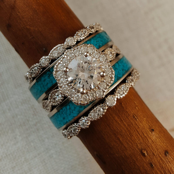 5pc Sterling Silver Vintage Turquoise and Diamond Ring