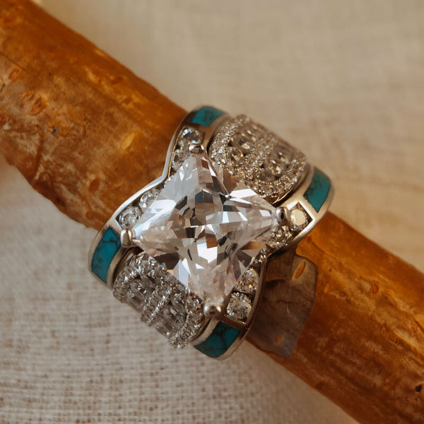 Sterling Silver Princess Cut Diamond Turquoise Diamond Ring Set