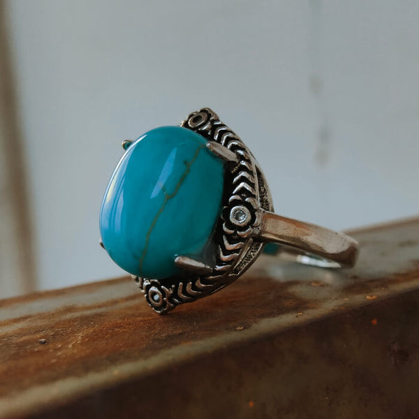 Four Flower Engraved Oval Turquoise Rings for Women