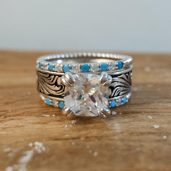 3pc Flower Western Wedding Turquoise and Diamond Ring set