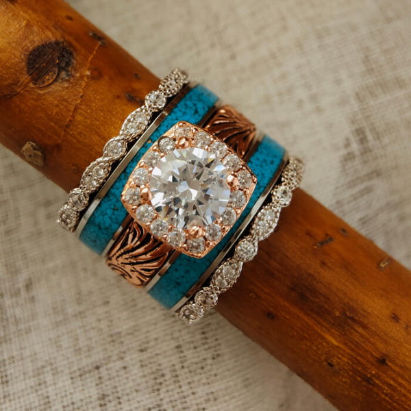 5pc Round Moissanite  Vintage Western Engagement Turquoise Rings