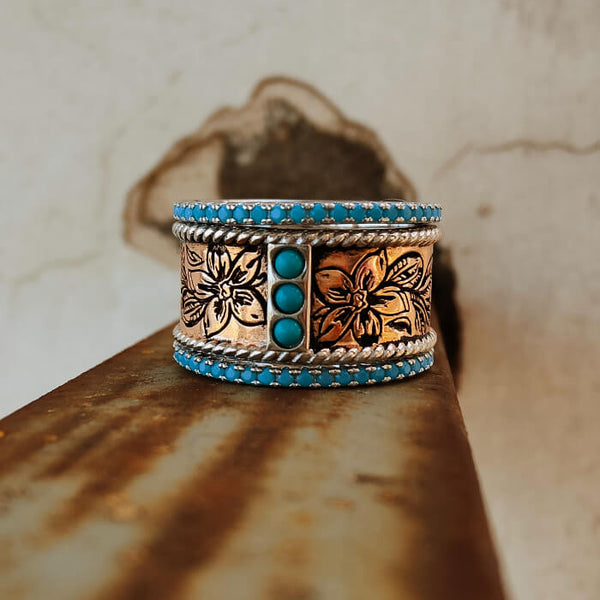 3pc Flower Rose Gold Western Turquoise Wedding Rings