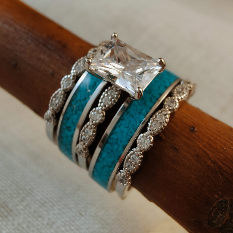 Torquoise Square 5pc Sterling Silver Vintage Square Turquoise and Diamond Ring – Retro ...