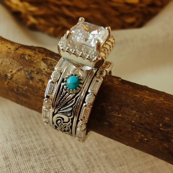 3pc Radiant Cut Diamond Flower Vintage Turquoise Western Wedding Rings