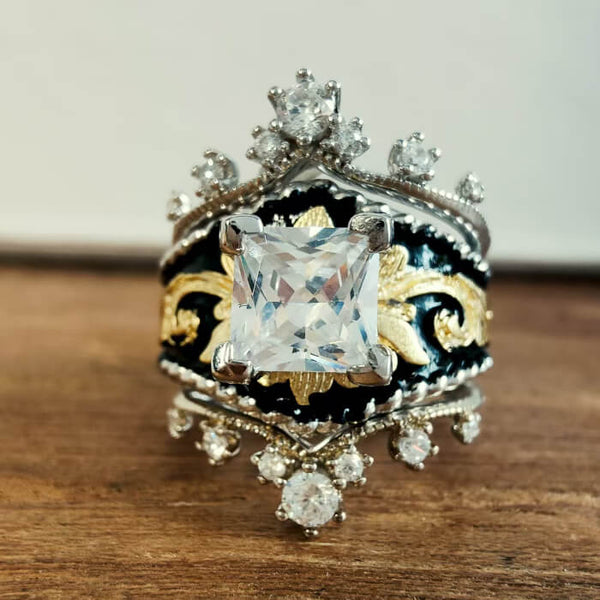 Princess Cut Vintage Engagement Ring – Gothic Crown Gold and Silver Band