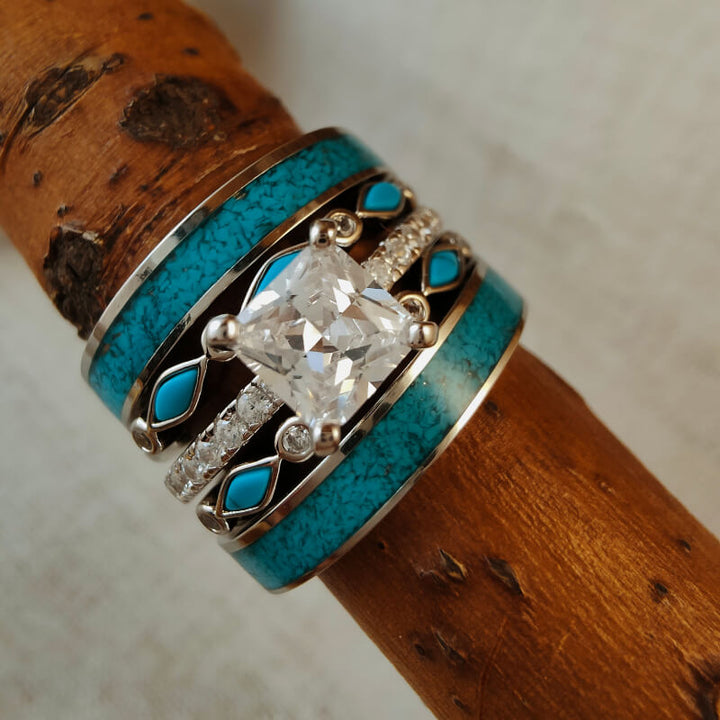 5pc sterling silver turquoise engagement ring set with square moissanite