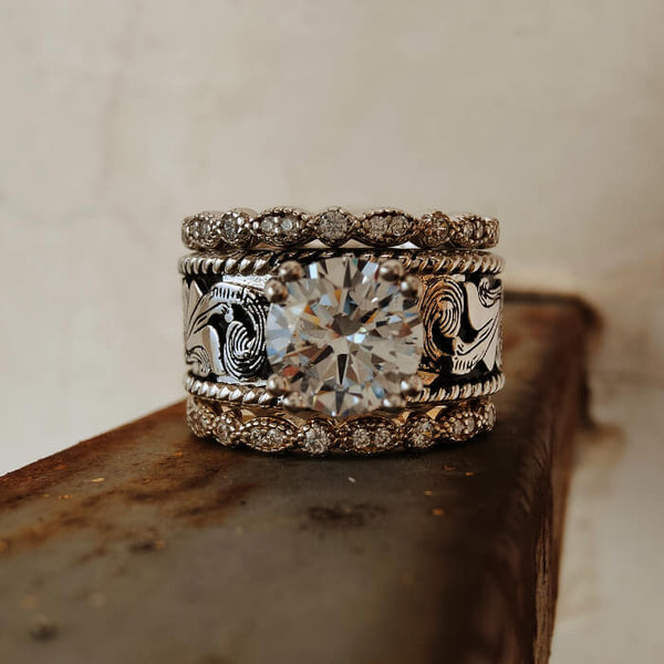 Western Vintage Ring Set – Engraved Engagement  Rings for Women