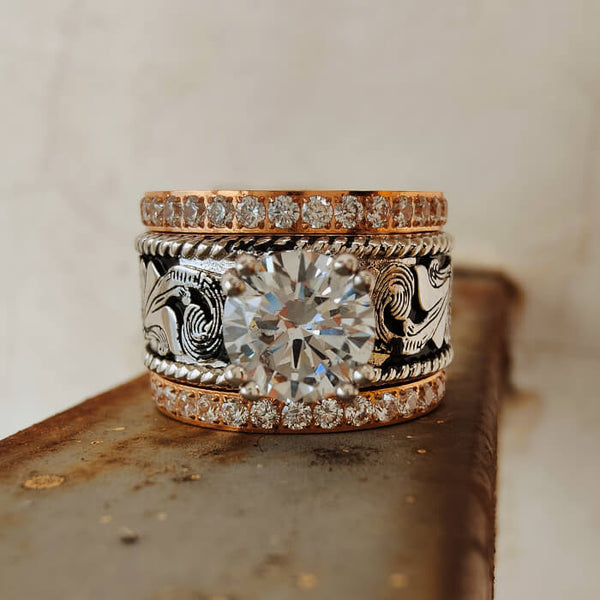 Western Rose Gold Ring Set – Vintage Silver Engraved Engagement Rings