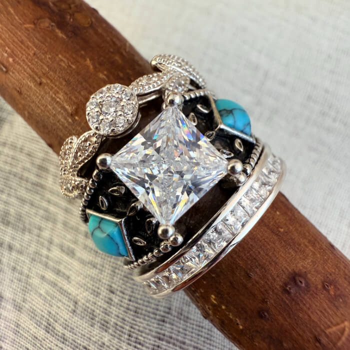 3pc Western turquoise engagement ring set with square crystal and silver accents