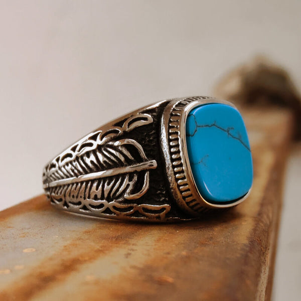 Women Retro Slide Feather Steel Turquoise Ring