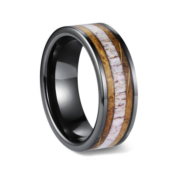 Mens Tungsten Grey Ceramic Inlay Antler Band Ring