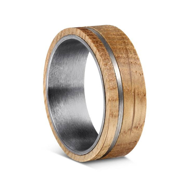 Mens Tungsten Khaki Wood White Oak Band Ring