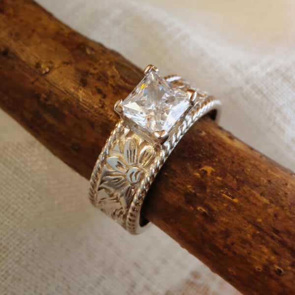 Flower Princess Diamond Wide Band Western Ring