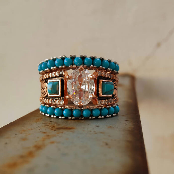 3pc Rose Gold Oval Cut Wide Band Turquoise Wedding Set