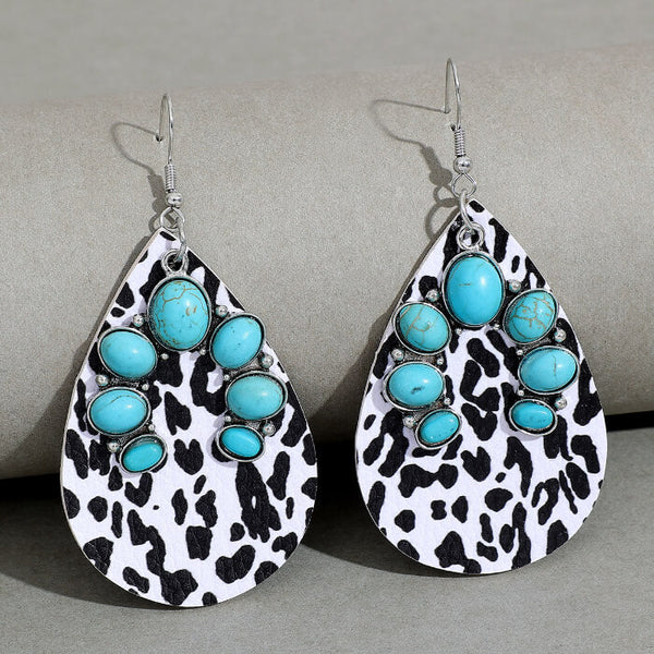 Cow Leather Ethnic U-shaped Turquoise Earrings