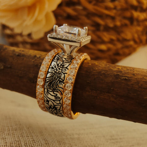 3pc Retro Princess Cut Rose Gold Flower Country Wedding Rings