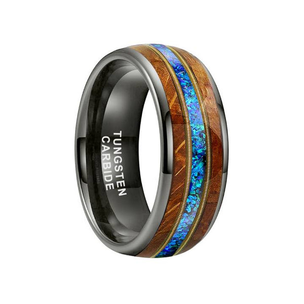 8mm Black Tungsten Wood Crush Blue Opal Men's Band Ring